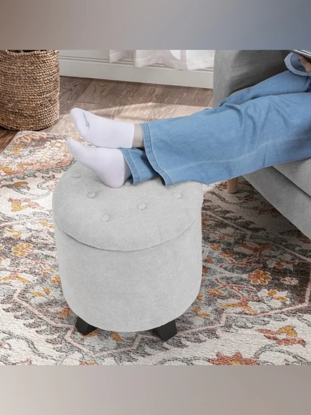 Contemporary Light Gray Fabric Storage Ottoman with Buttoned Lid ❗️😍